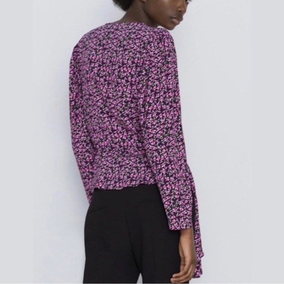 Zara Floral Wrap Front Asymmetrical Hem Peplum Long Sleeve V-Neck Blouse Top - Picture 7 of 16